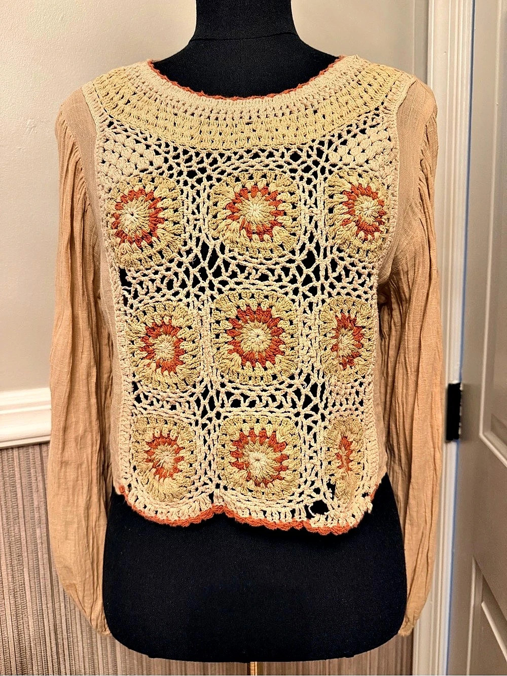 Zara Crochet Granny Square Boho Long Sleeve Top Beige Orange